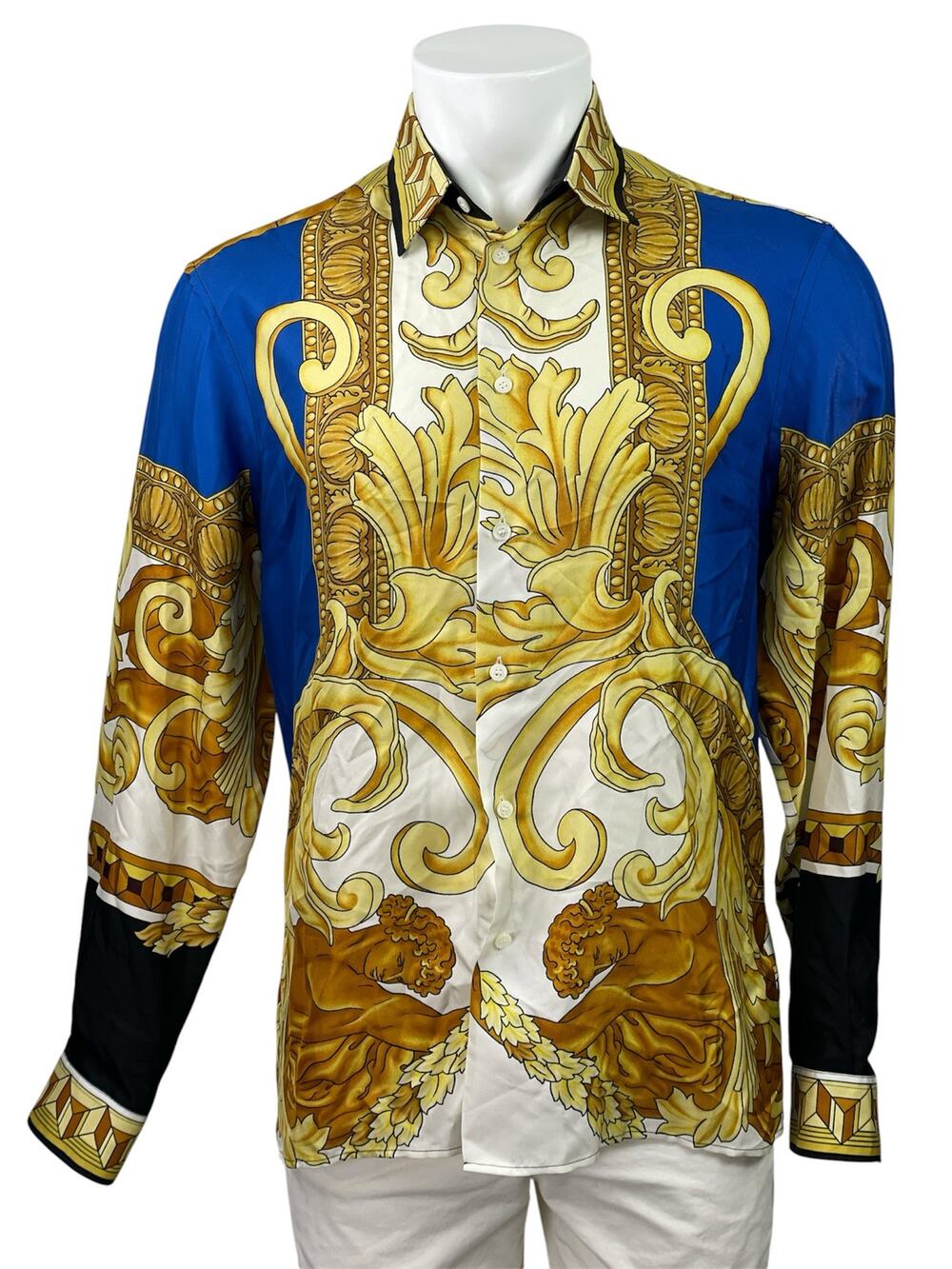 NEW Versace 100% Silk Blue Gold Renaissance Baroque Print Long Sleeve Shirt 48